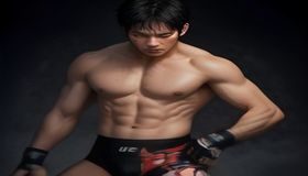 UFC重量级冠军琼斯在八角笼内摆出战斗姿势，肌肉线条清晰，背景是UFC格斗赛场的灯光与LOGO